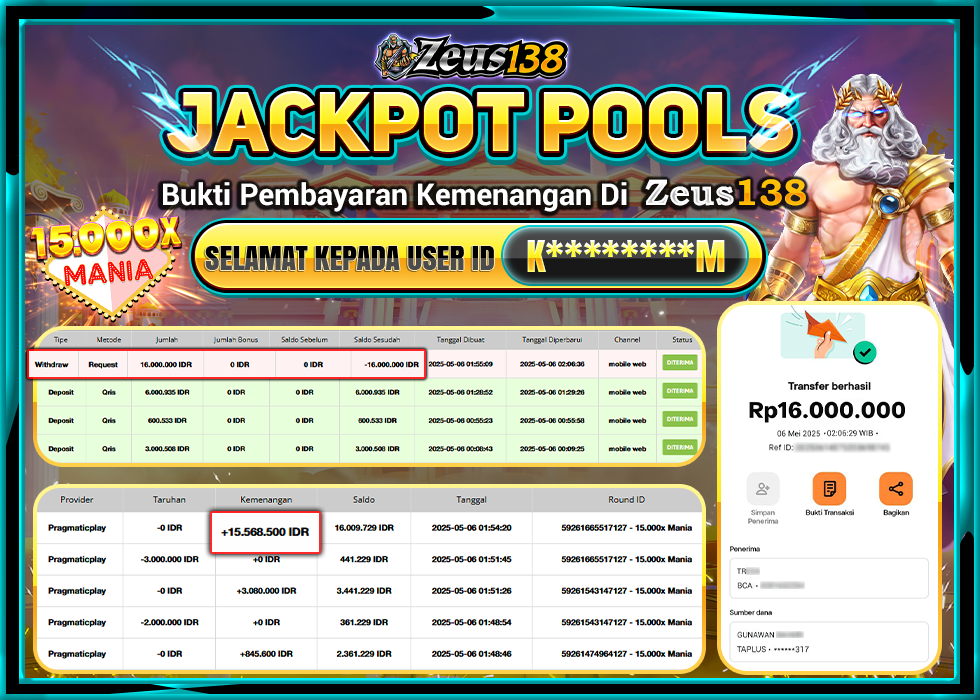 ZEUS138 15.000X MANIA Rp.16.000.000,- LUNAS